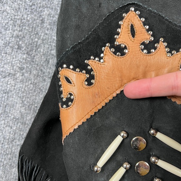 Leather Gallery Jacket Womens XL Black Suede Fringe Western Bone Studded Cowgirl - Picture 12 of 13